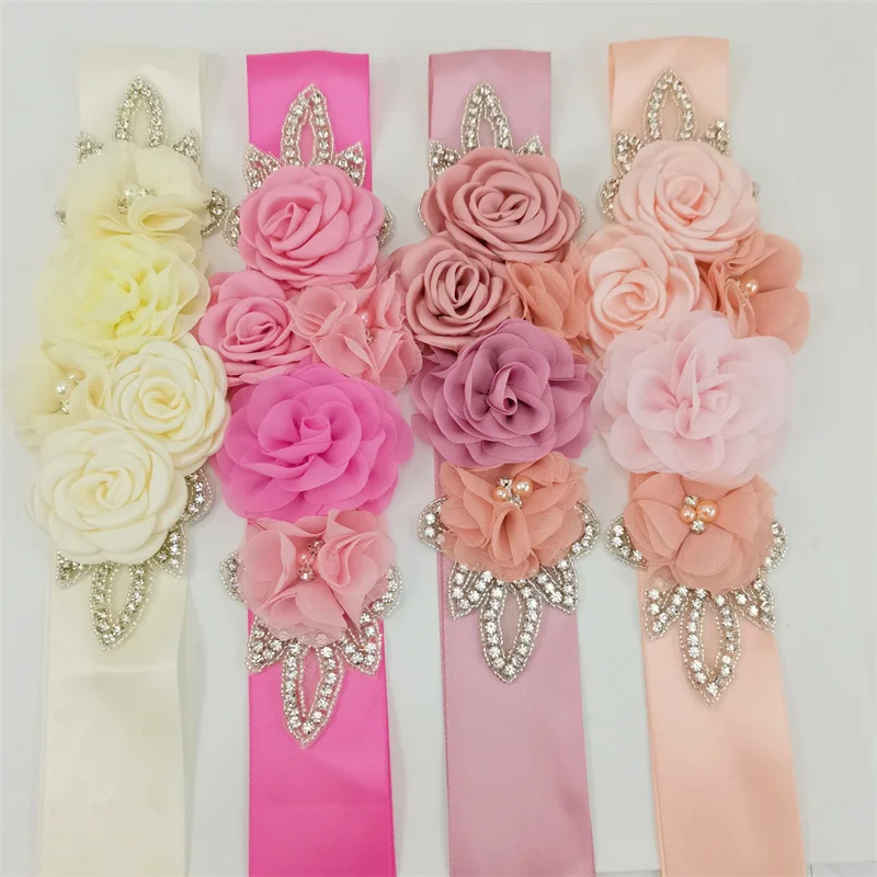 Wedding Accessories Bridal Wedding Belts Satin Flower Rhinestone Dress Belt Sash Woman Girl Pink Red Blue Ribbon Girdle