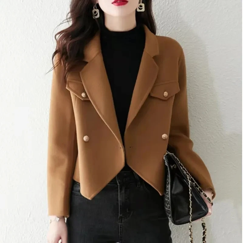 

Women Short Wool Blend Jacket Autumn Winter Vintage V-Neck Double Breasted Fashion Wool Coat Solid Color Long Sleeve Outerwear