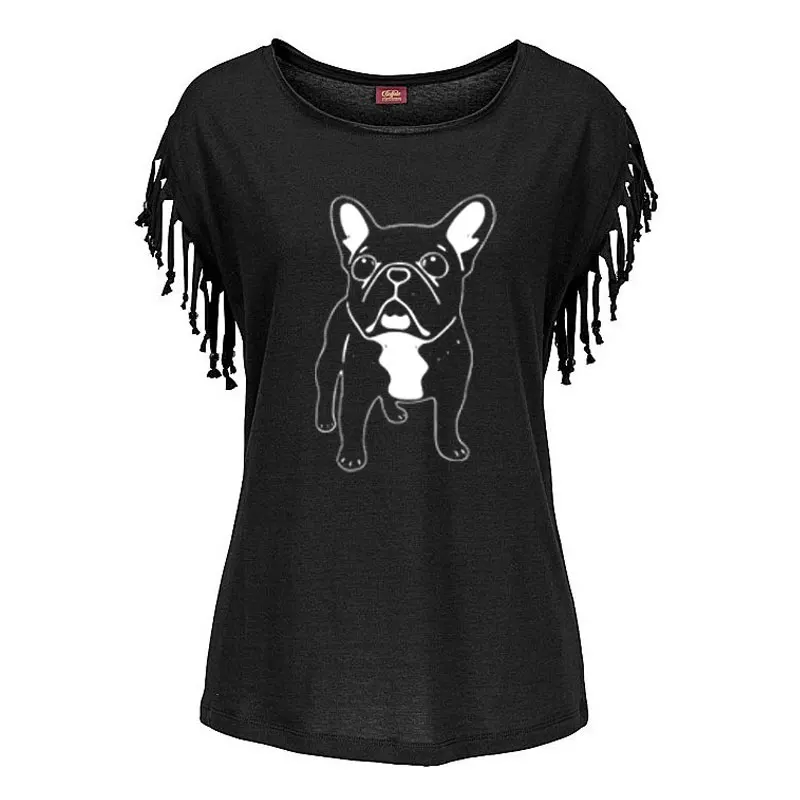 2019 Summer women cotton french bulldog print t shirt women casual dog print t-shirt Tassel Short Sleeve women tshirt tops