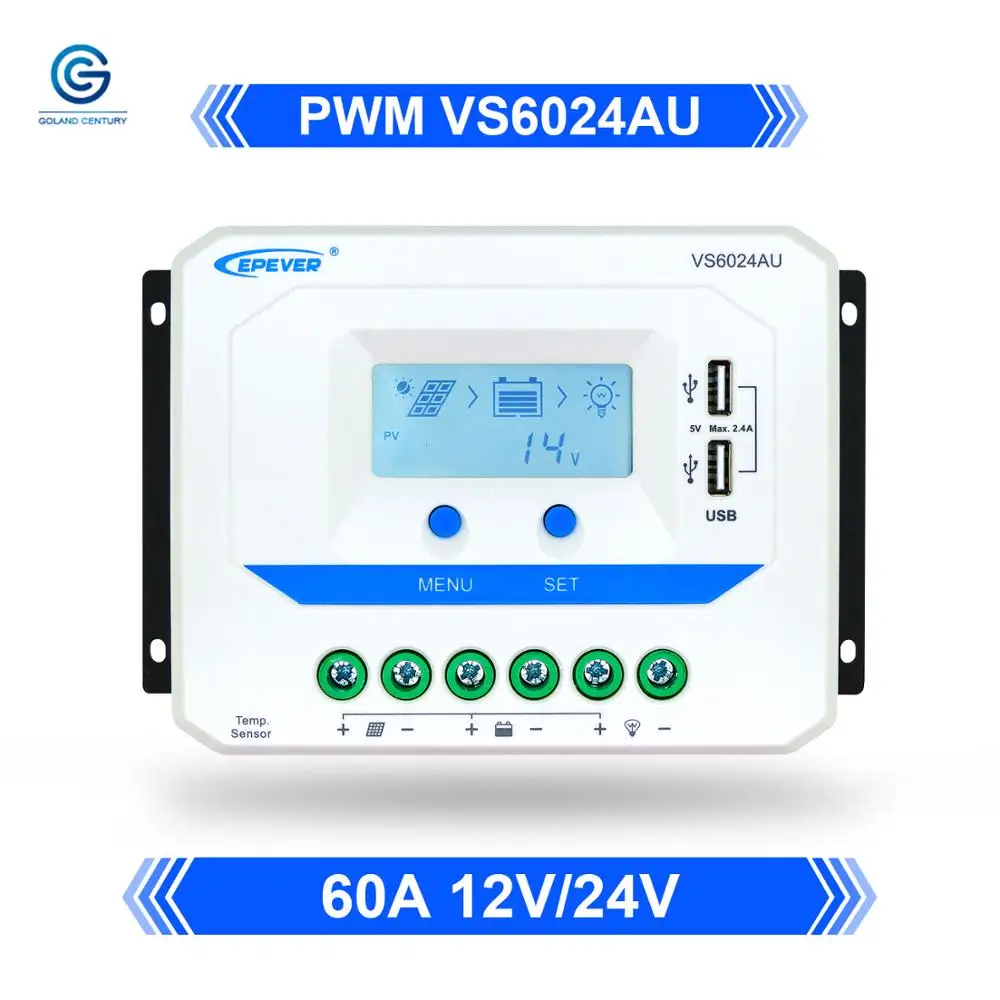 

EPever 12V 24V Auto VS1024AU 2024AU 3024AU 4524AU 6024AU PWM Charge Controller with Built in LCD Display and Double USB 5V Port