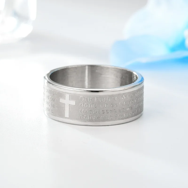 AsJerlya 8mm Titanium Stainless Steel English Letter Prayer Ring Men\'s Bible Cross Rings For Women Men Jesus Christian Jewelry