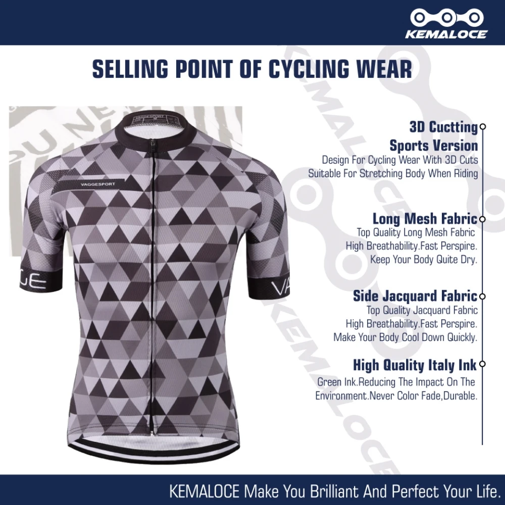 KEMALOCE Bike Jersey Classic Pro Tour Tight Men Breathable Dye Sublimated Race Cyclist Clothing Reflective Grey Pro Cycling Wear