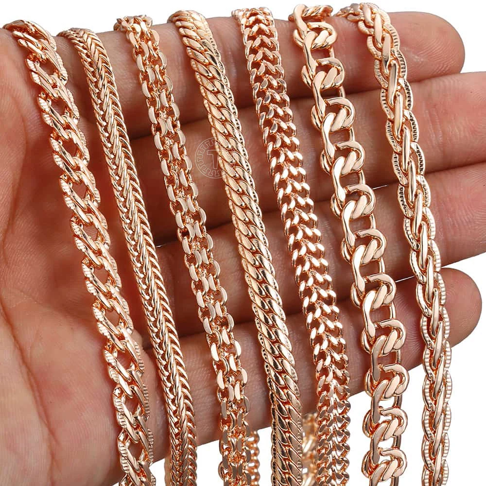 7Pcs/Lot Womens Necklaces 585 Rose Gold Color Braided Foxtail Hammered Wheat Cuban Weaving Bismark Link Chain Wholesale LCNN1A