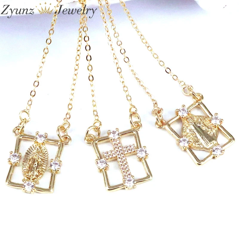 10PCS, Virgin Mary Necklace Gold Color Crystal Cross Statement Necklace Women Fashion Pendant Catholic Jewelry