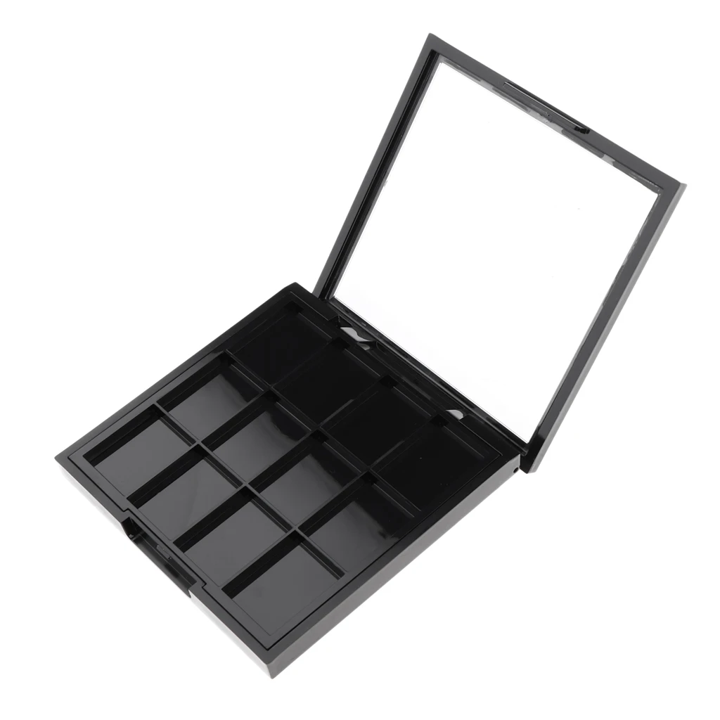 Empty Eyeshadow Makeup Palette - Large Powder Pallet Organizer with 12 Small Grids, Black Case with Clear Lids