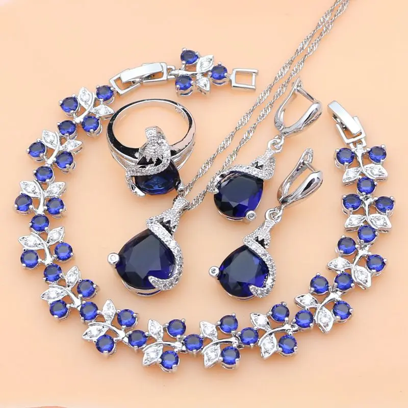 

Silver 925 Jewelry Sets Blue Sapphire Natural Zircon Costume Jewelry Kits Indian Jewelry for Women Necklace Set