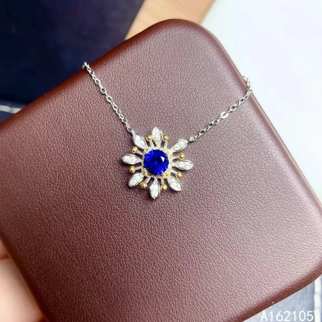 

Fine Jewelry 925 Pure Silver Inlaid Natural Sapphire Girl Luxury Popular Round Flower Chinese Style Gem Pendant Necklace Chain S