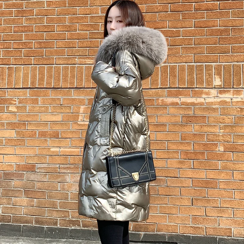 Glossy golden down warm Parkas coat winter fashion brand thick warm down jacket female big fur collar long down jacket F857