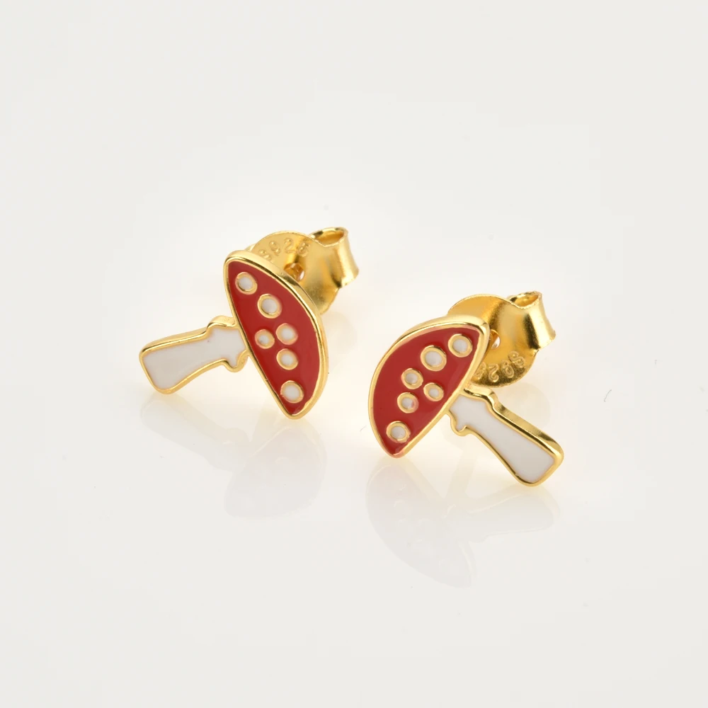 KIKICHICC 925 Sterling Silver Gold Enamel Red Yellow Stud Earring Mushroom Maple leaf Apple Spiring Piercing Pendiente Clips