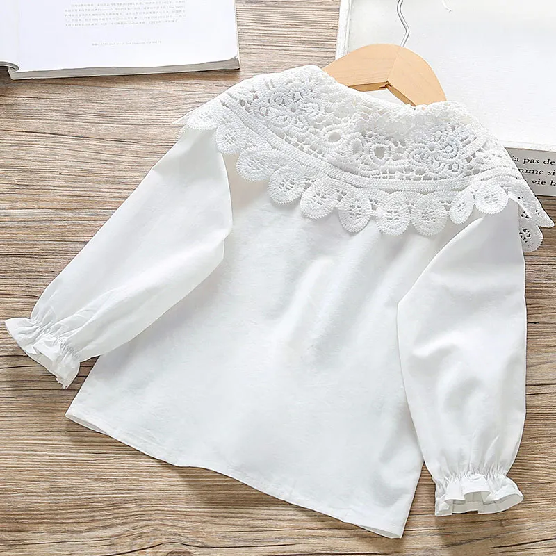 Spring Autumn Girls White Shirt Korean Fashion All-Match Children\'s Long-Sleeved T-Shirt Cotton Lace Top Clothes