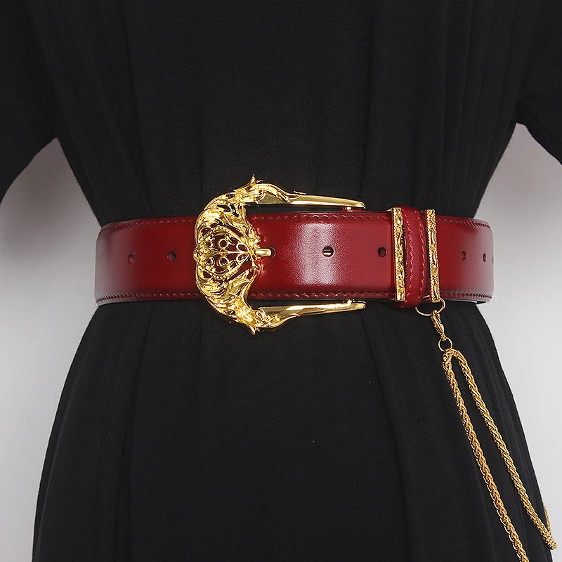 2021 Luxury Cowhide Belt with Metal Chain Solid Genuine Leather Waist Belt Jean Pant Strap Fashion Punk Cow Leather Women Belt