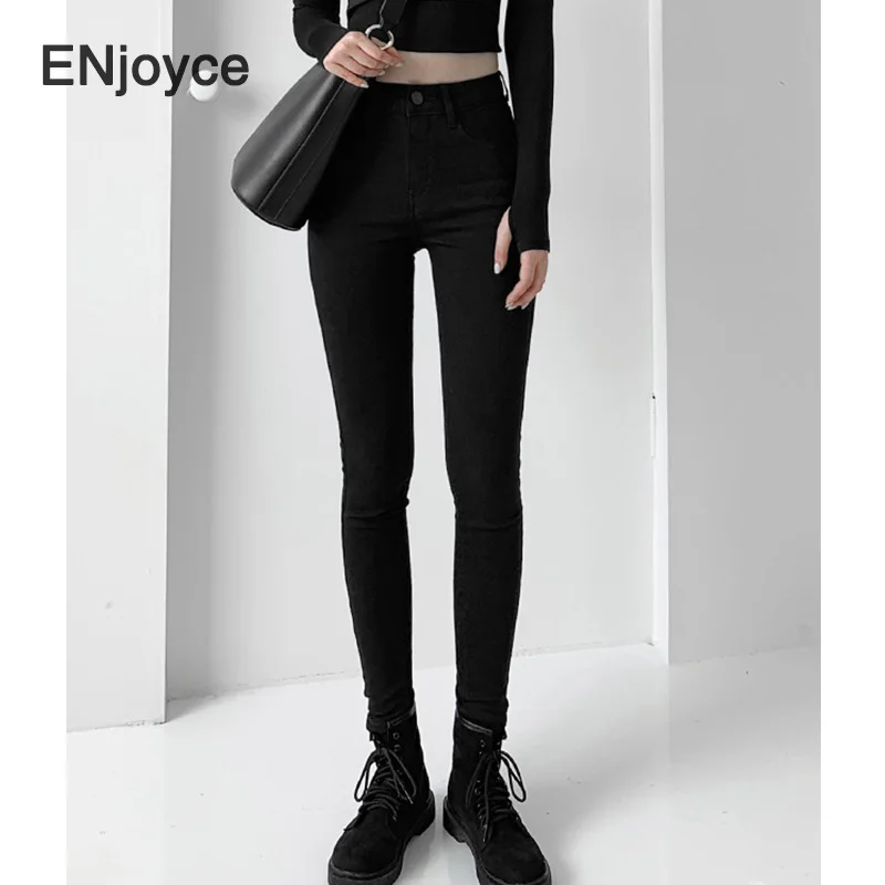 Women Jeans Pencil Slim High Waist Ankle-length Denim Trousers Korean Style Retro Black Simple Skinny Harajuku Womens Pants