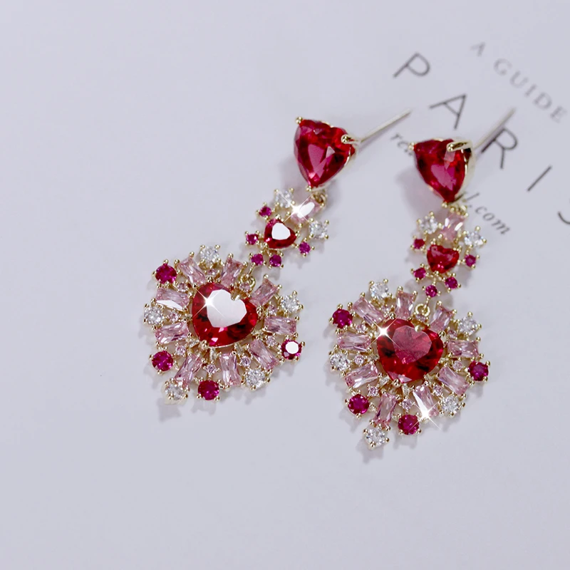 

Flamboyant Sweet Shining Rose Red CZ Stone Double Hearts Long Dangle Earrings Bride Women Wedding Jewelry Birthday gift Lucky