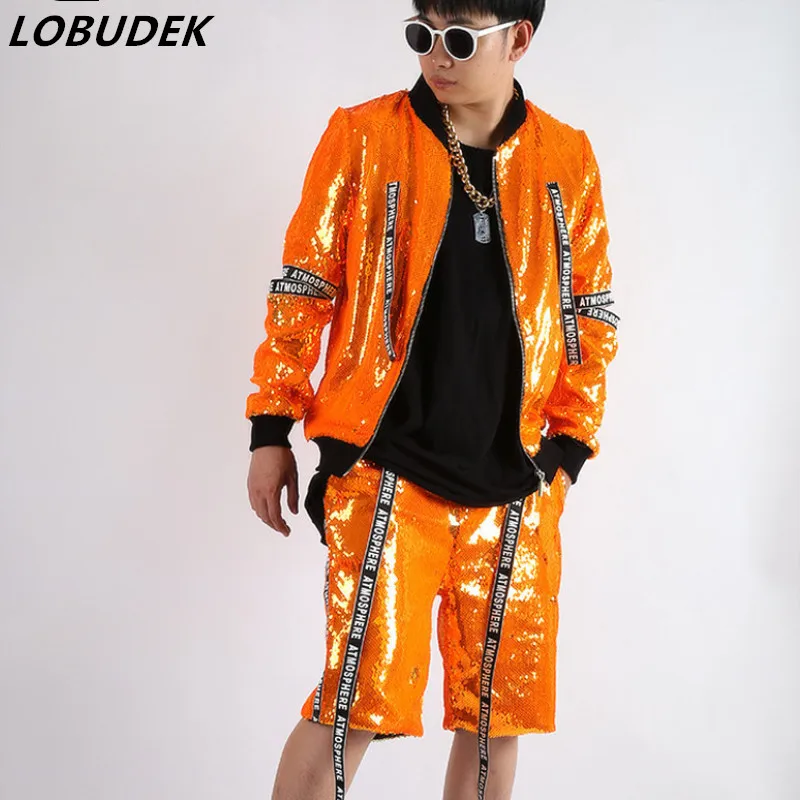 Male Team Hip Hop Rock Dance Costume Shiny Orange Sequins Letter Hollow Out Jacket Pants Set Rock Singer Bar Nightclub Costume