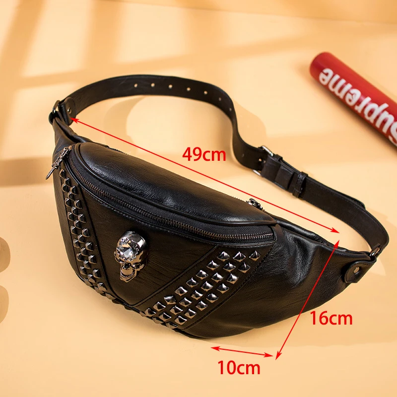 Mihaivina Punk Rivet Skull Men Waist Bag Women Black Fanny Pack Leather Chest Bags Female Shoulder Messenger Bag Bum Bags