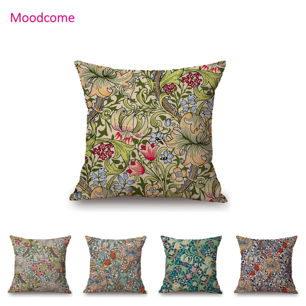 Beautiful Classic Floral Pattern Golden Lily Blue Pink Green Plant Leaf William Morris Art Sofa Pillow Case Linen Cushion Cover