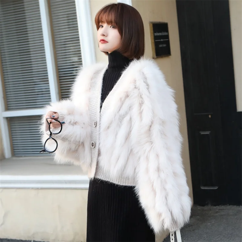 Women Wool knitting autumn fur coat fur jacket natural fur fur for knitted fox coat fur vest spring and autumn sweaters Cardigan