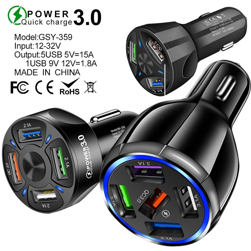 Cargador de coche QC3.0 15A, 5 puertos USB, adaptador de carga rápida para coche, enchufe para Xiaomi Redmi Huawei, electrónica para vehículo