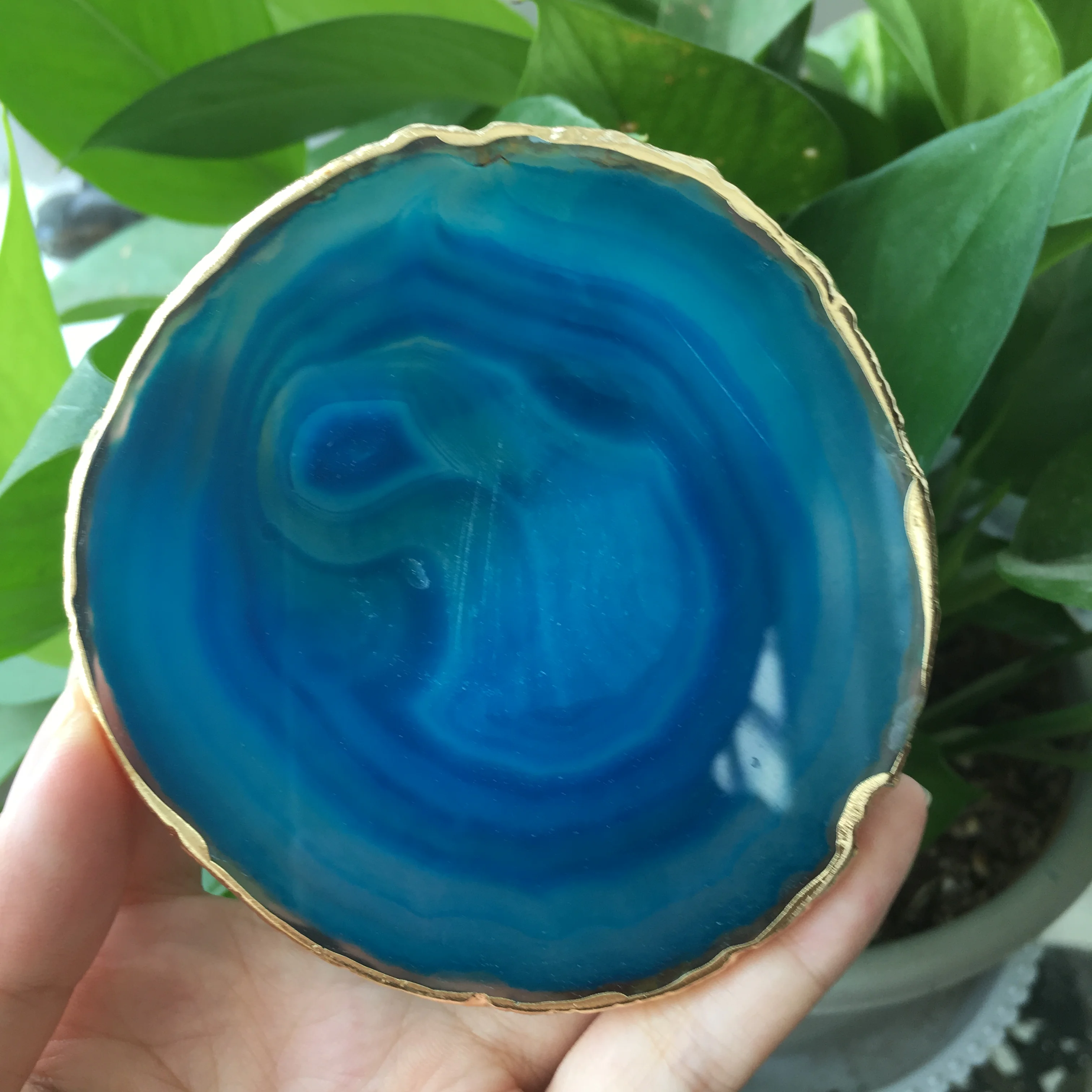 1pcs natural agate Geode piece insulated coasters crystal board jade agate coasters with gold-plated lace mineral trim