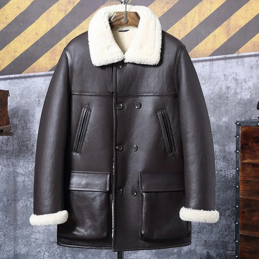 

Mens B3 Airforce Flight Coat Shearling Jacket Long Fur Coat Leather Jacket Mens Winter Coats Trench Coat