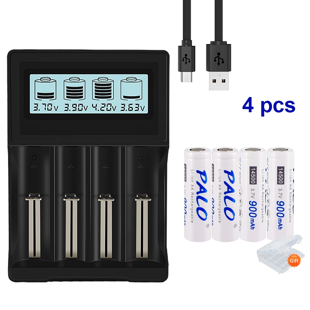 3.7V aa 14500 li-ion rechargeable battery + 4 slots smart charger for 3.7 V Lithium 14500 / 16350 / 18500 / 18650 battery models