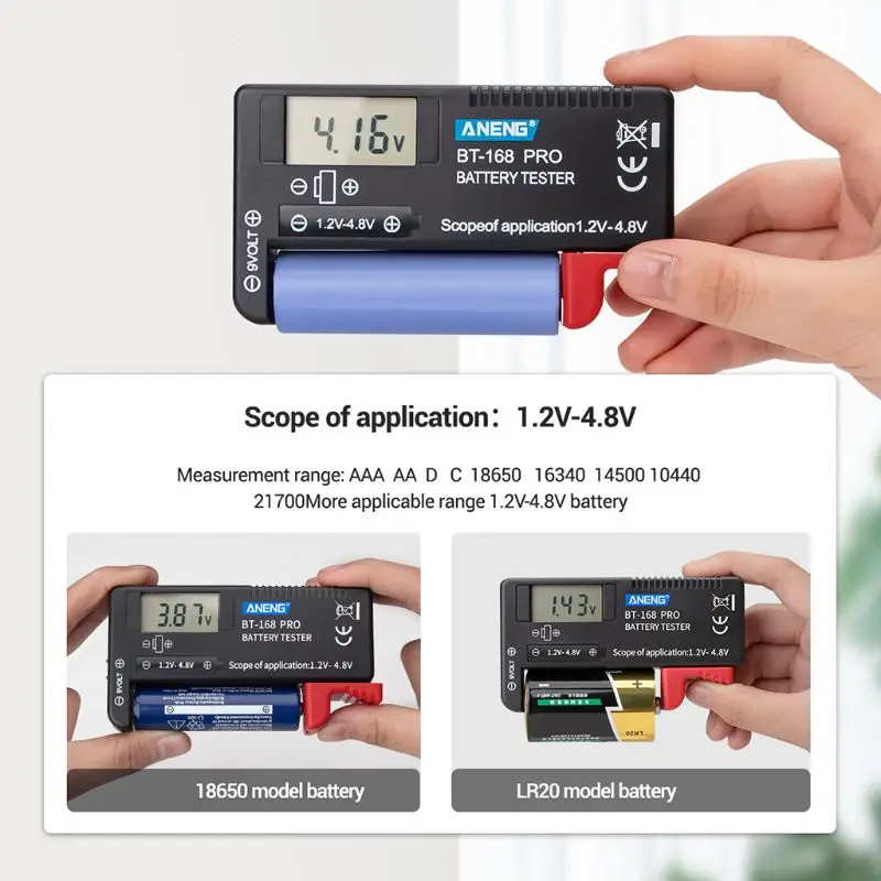 BT-168 PRO 1.2-4.8V AA/AAA/C/D Mini Battery Tester Quickly Testing for 18650 16340 14500 10440 Lithum Battery Capacity