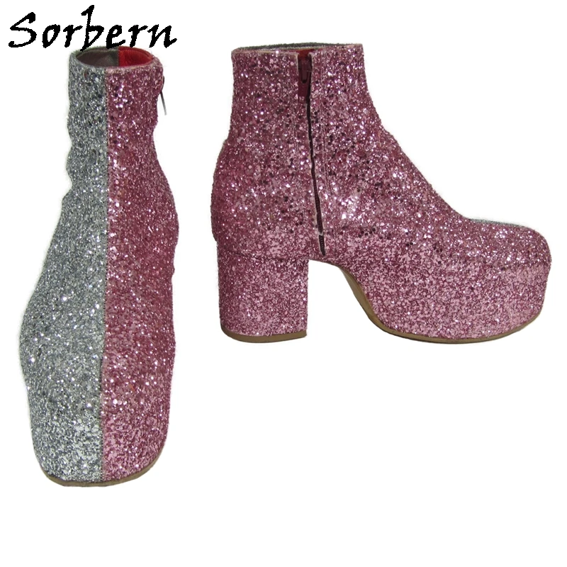 

Sorbern Two Tune Glitter Ankle Boots Block Heels Thick Platform Shoes Crossdresser Cosplay Short Booties Round Toe Comfortable