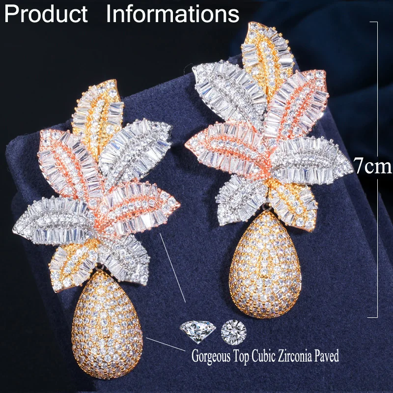 CWWZircons 3 Tone Gold Color Luxury Large Leaf Drop Flower Micro Cubic Zirconia Pave Naija Wedding Party Earring for Women CZ644