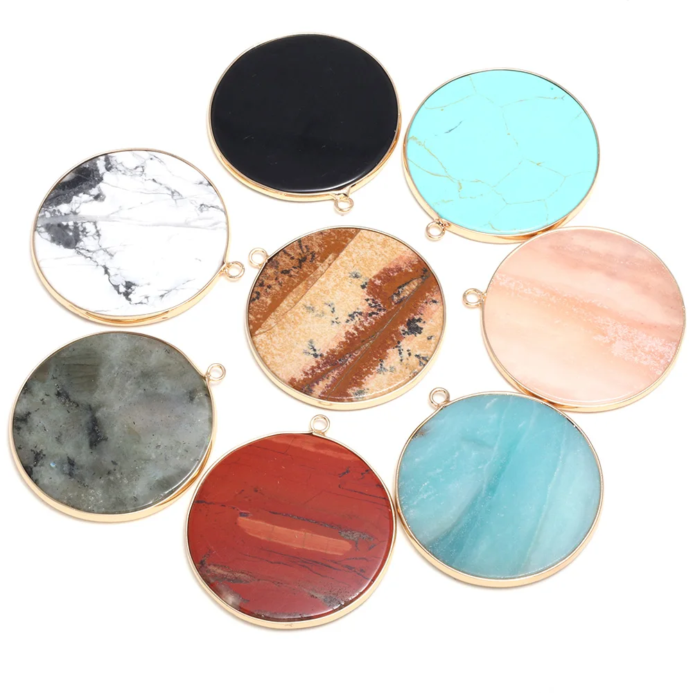 Natural Stone Agates Pendant Disc Shape Aventurine Jades Turquoises Pendants For Jewelry Making DIY Charm Necklace Size 40x45mm