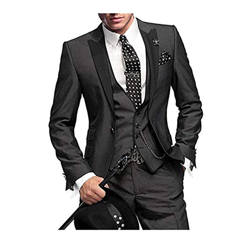 2021 Dark Gray Skinny Custom Made Men Suits for Wedding Peak Lapel Groomsmen Best Man Tuxedo 3 Piece Suit Set（Jacket+Vest+Pants