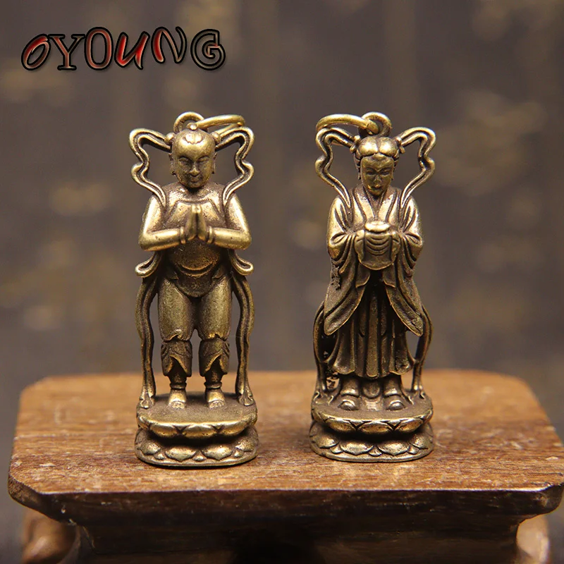 Vintage Copper Buddaha Statue Ornaments Lucky Boy Girl Figures Desk Decoration Accessories for Home Decor Brass Keychain Pendant