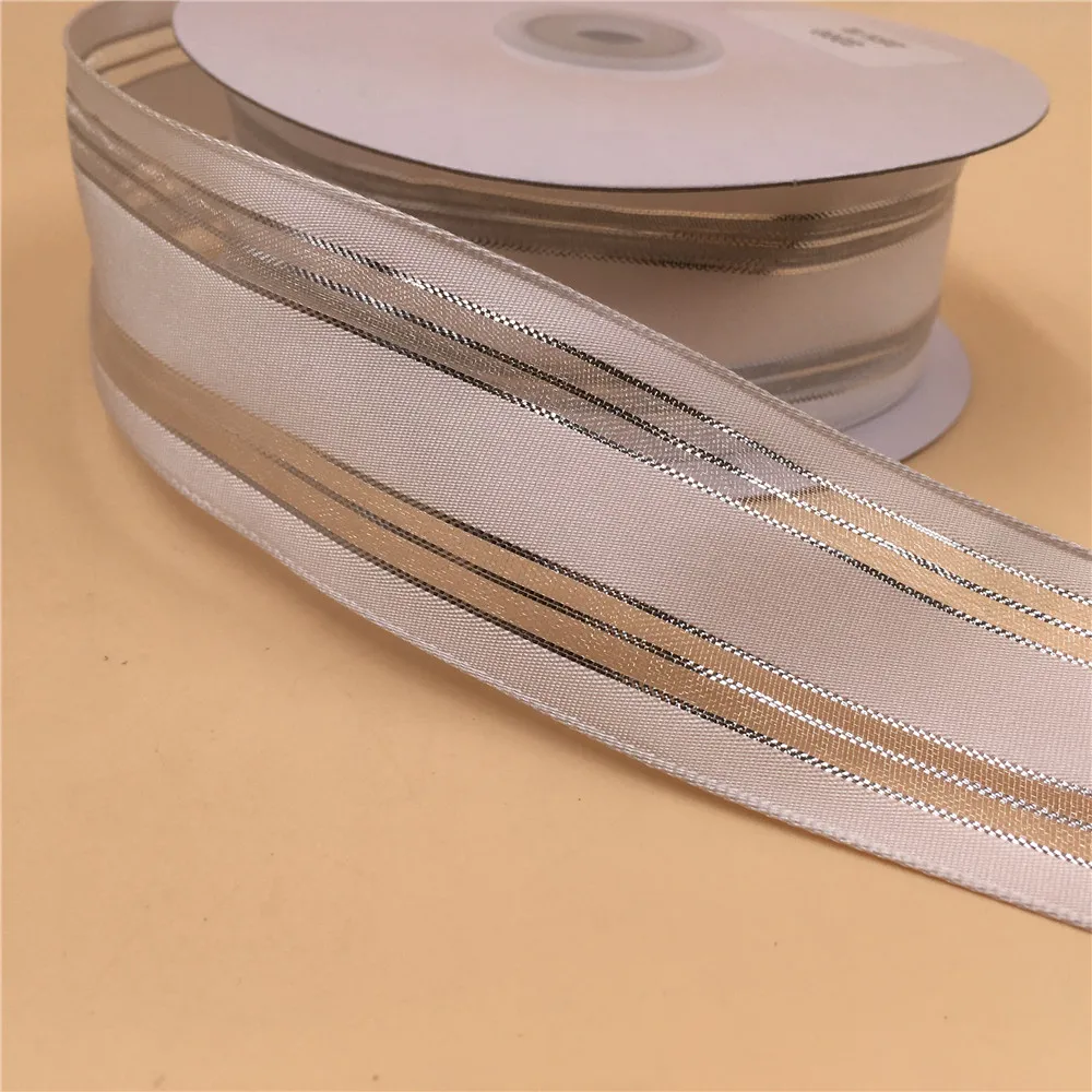 

38MM X 25 Yards White Organza Stripes WIth Gold Wire Edge Ribbon for Birthday Decoration Gift Wrapping 1-1/2"