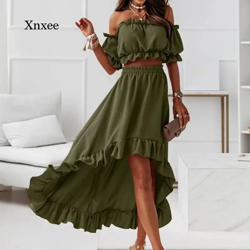 Ruffled Backless Skirt Sets Summer Elegant Women Fashion Puff Sleeve Strapless Elastic Two Pieces Ladies Robe Femme Outfits