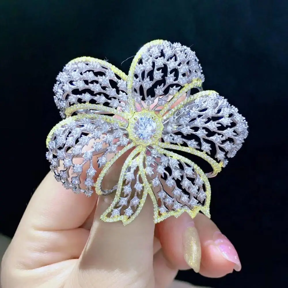 925 sterling silver with cubic zircon flower brooch pins hollow out fine women jewelry free shipping luxury jewelry  54*58MM