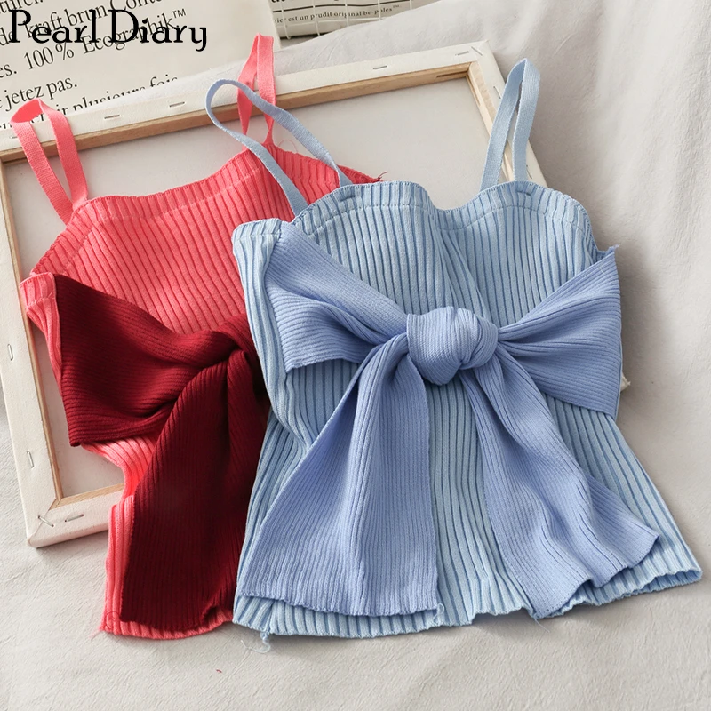 Pearl Diary Knitted Crop Top With Extreme Bow Front Bow Tie Crop Camisole Strappy Ribbed Knit Going Out Sweet Crop Top Women New