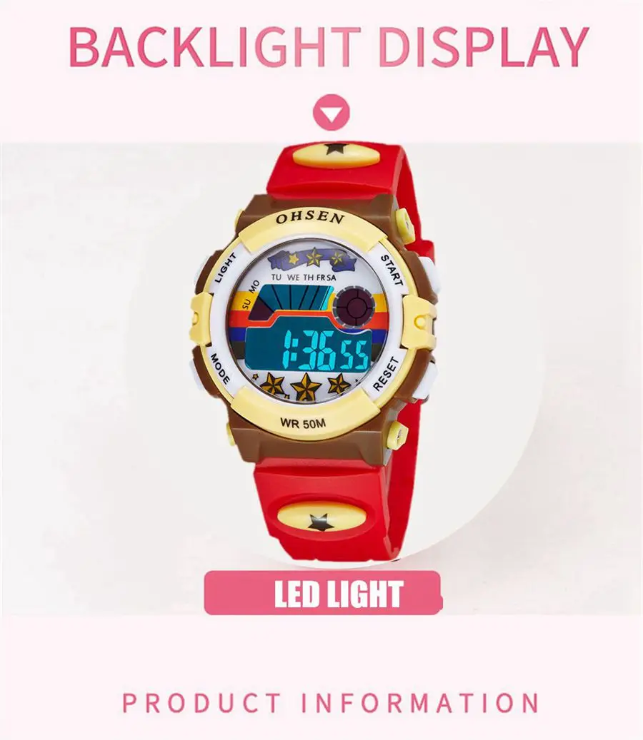 OHSEN Digital Kids Watches for Girls Boys 50M Waterproof Rose Red Led Electronic Children Sport Watch Stopwatch Cartoon Clock