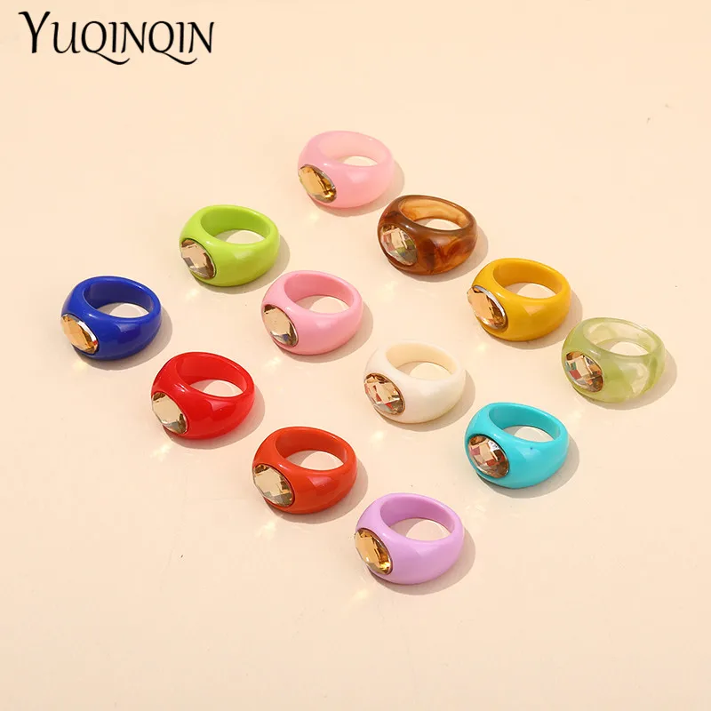 Trendy Resin Rhinestone Big Finger Ring For Girls Transparent Vintage Rings Set For Women Minimalist Crystal Female Accessories