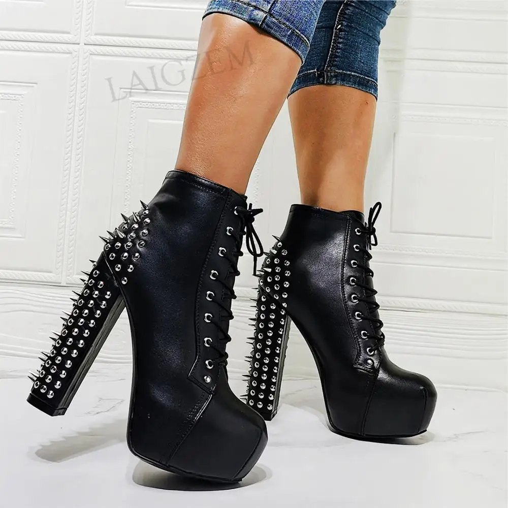 SEIIHEM Women Ankle Platform Boots Studded Chunky High Heels Short Booties Unisex Black Shoes Woman Large Size 36 42 44 50 52