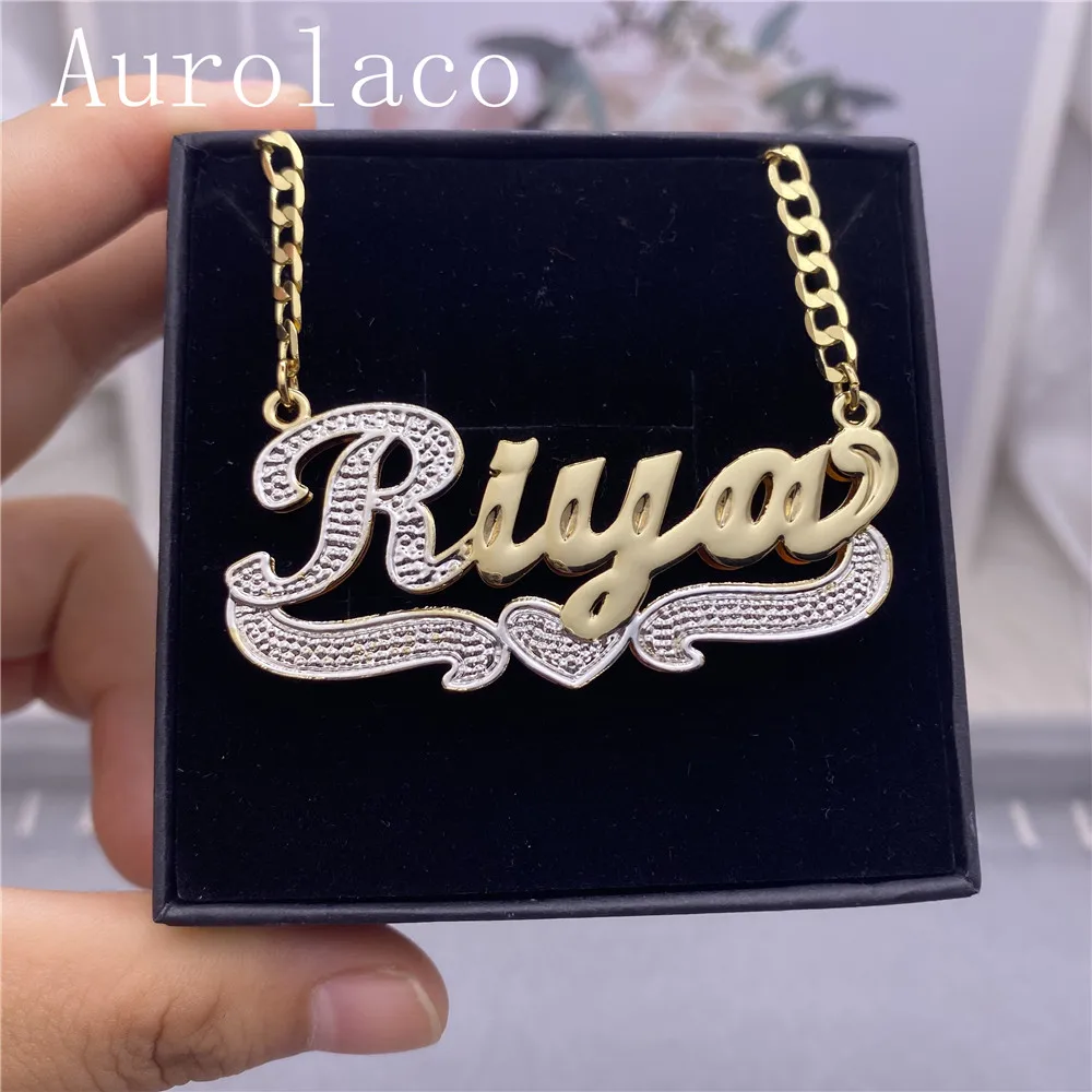 AurolaCo Custom Name Necklace with Crown Custom Silver Color Stainless Steel Under Heart 3D Nameplate Necklace for Women Gifts