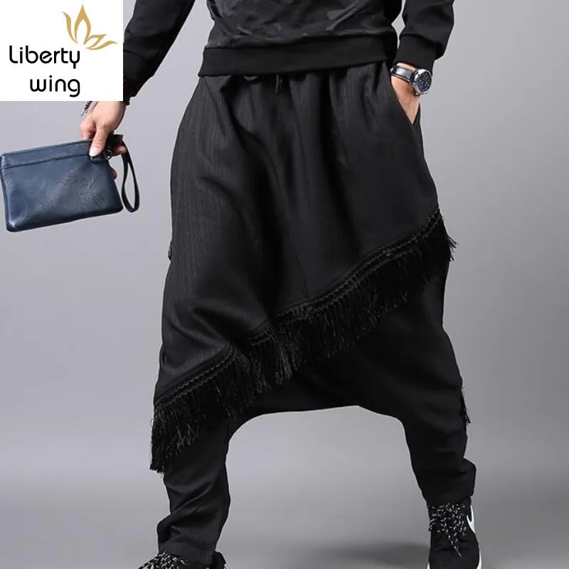 

Personality Mens Loose Harajuku Low Crotch Harem Pants Comfort Cotton Full Length Tassel Design Trousers For Men