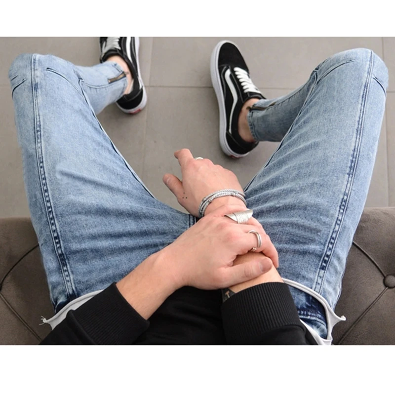 Long Pencil Pant Styling Black Blue Foot Zipper Jogging Male Men Stretch Denim Jeans Slim Fit Skinny Hip-Hop Jeans