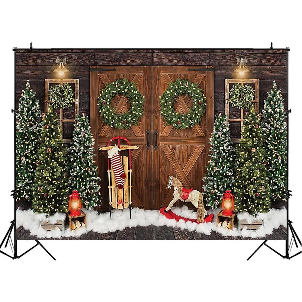 Mocsicka Wood Door Christmas Backdrop Snow Newborn Photography for Photo Studio Christmas Tree Garland Child Kid Photocall Props