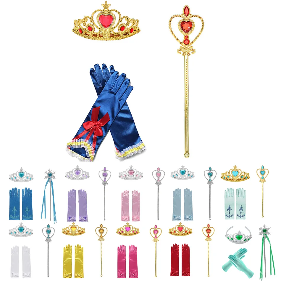 New High-quality Girls Princess Accessories Crown Magic Wand Gloves Sets Sleeping Beauty Rella Elsa Role Playing Supplies