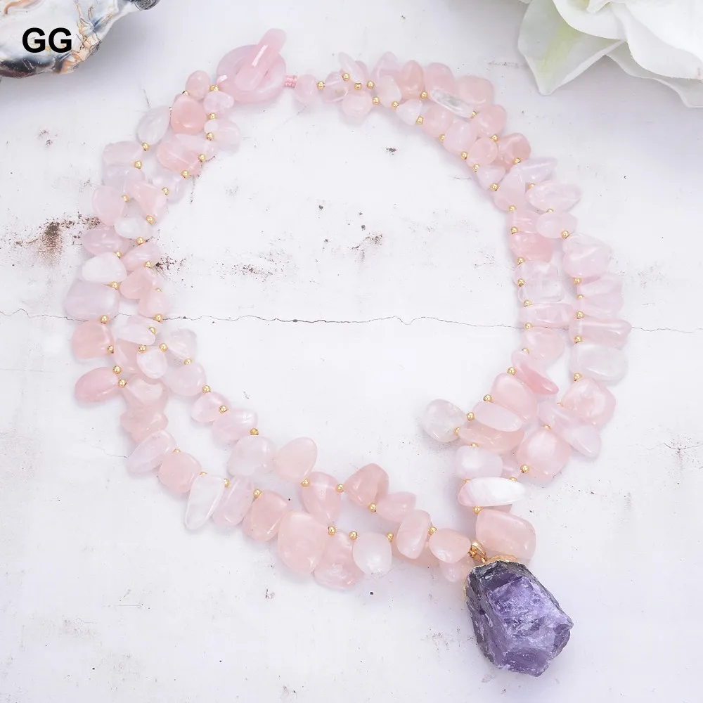 GG Natural Rose Quartz Gems Stone Geode Purple Amethyst Pendant Necklace For Women