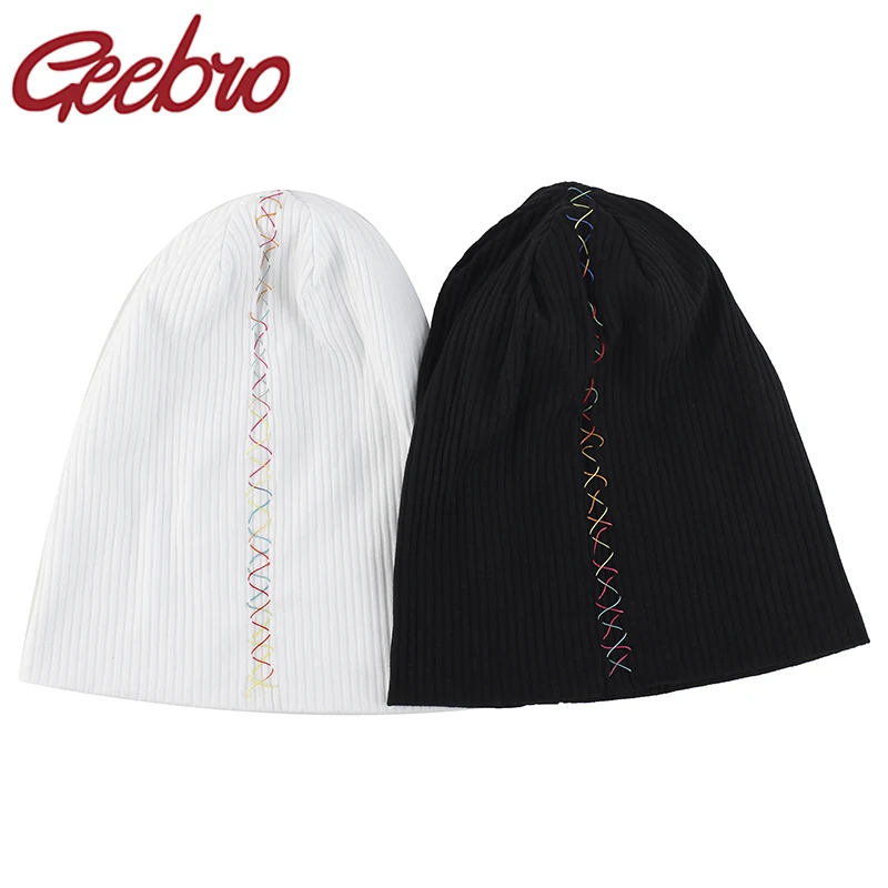 Geebro women Soft colorful ribbon cotton ribbed hat New Spring Winter Slouchy hats ladies Girls Skullies Beanies Gorros caps