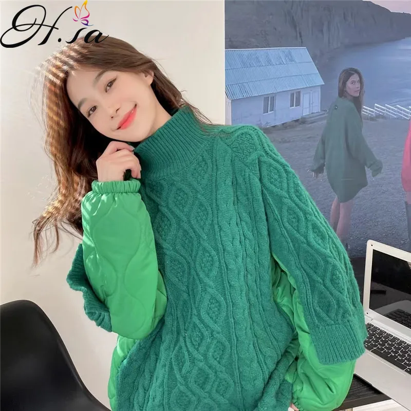 Hsa Fall Winter Sweater Coat 2021 Korean Style Green Jumpers Half Turtleneck Pullover Quilted Stitching Twist Knitted Top