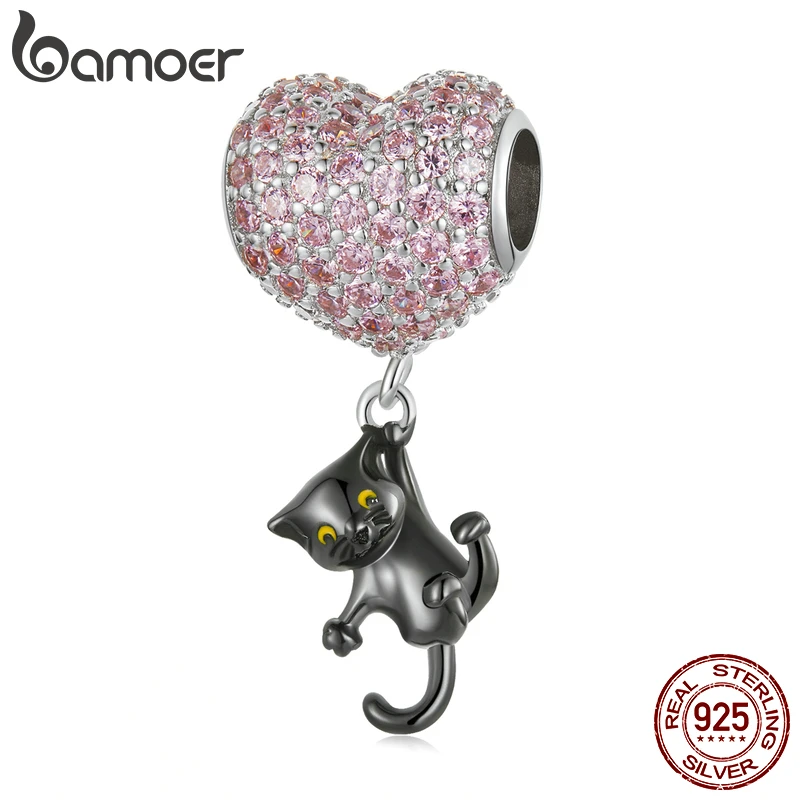 bamoer Genuine 925 Sterling Silver Hearted-Balloon & Black Cat Charms Pendant Fit for Women Bracelet Making Jewelry Beads Gift