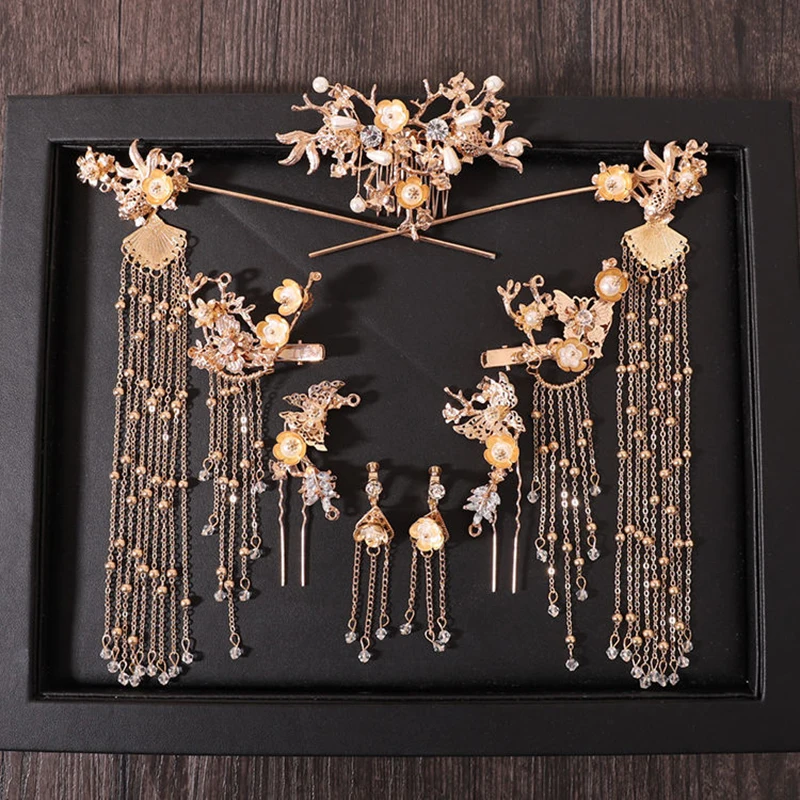 Women Fish Hairpins Retro Chinese Wedding Headdress Accessories Tassel Pearl Stick Head Jewelry