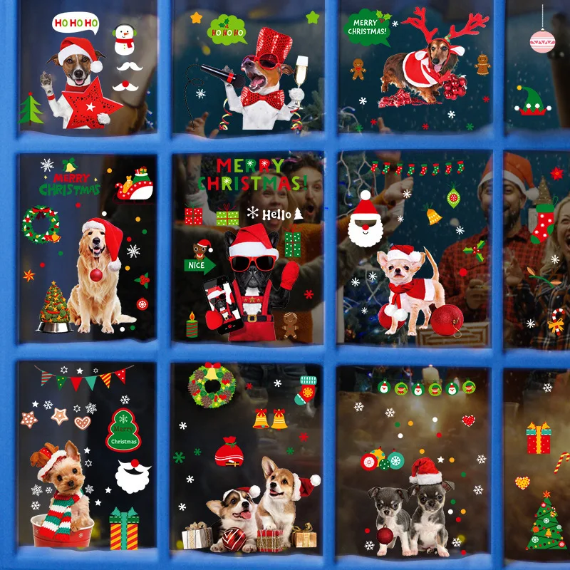 

Christmas Wall Stickers Double Side Static Sticker Christmas Dogs Xmas Tree Window Room Snowflakes New Year Decor Sticker