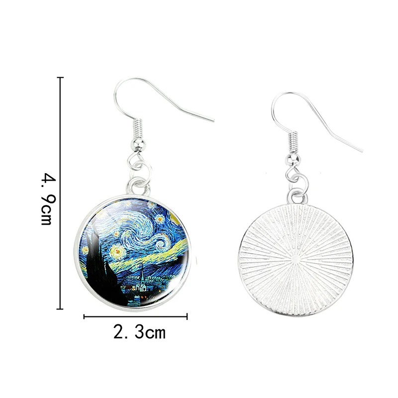 Van Gogh Oil Painting Stainless Steel Drop Earrings Glass Cabochon Dangle Hook Earrings Silver Color Women Jewelry Wholesale